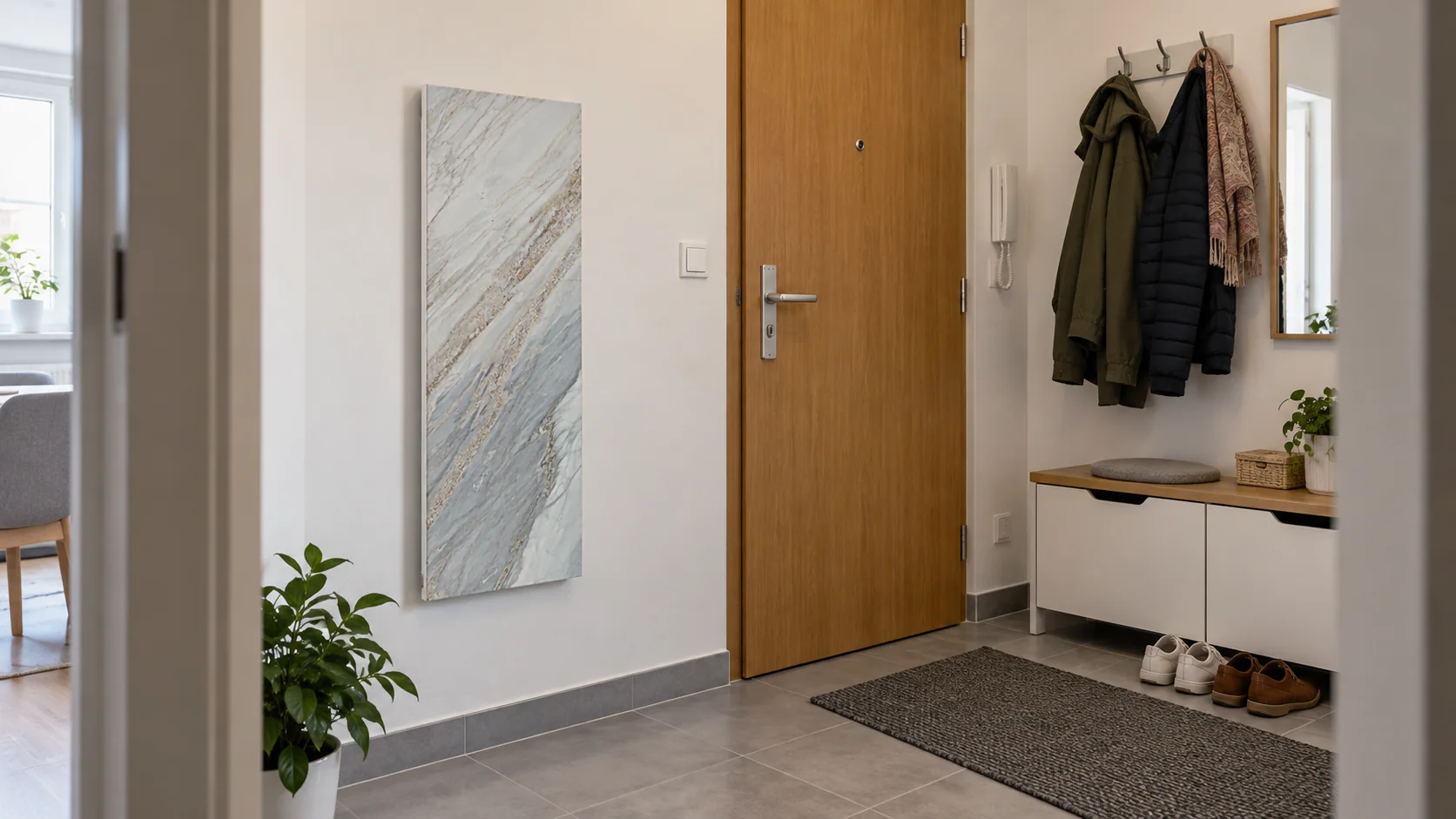 Svislý kamenný topný panel na volné stěně předsíně s botníkem a průchodem ke dveřím.
