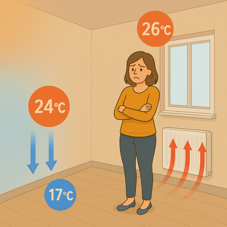 Vizualizace konvenčního topení — nerovnoměrné rozložení tepla, 26 °C u stropu, 17 °C u podlahy