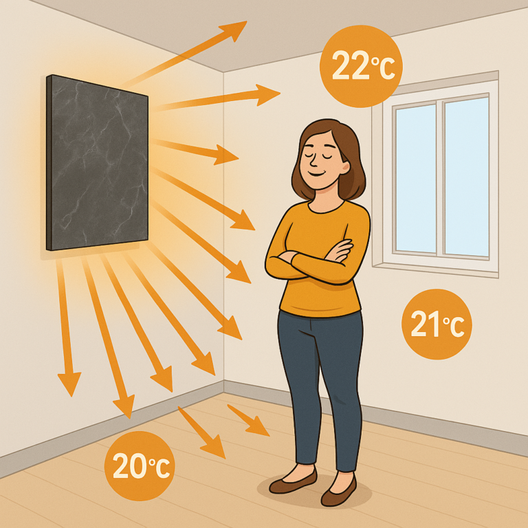 Vizualizace sálavého topení — rovnoměrné šíření tepla v místnosti, rozdíl teplot max 3 °C